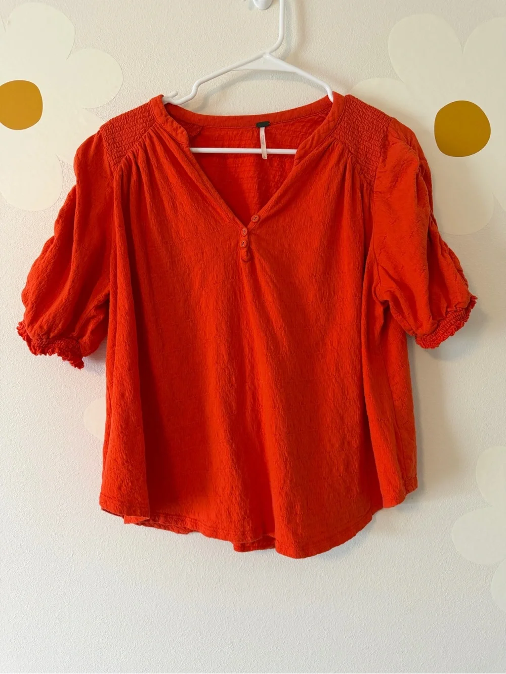 Free People Fever Dream Orange V-Neck Puff Ruched Sleeve Boho Top